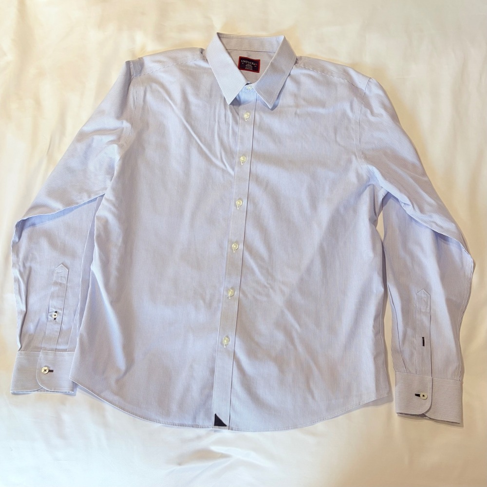 UNTUCKit Mens Bordeaux-WF Blue White Micro Stripe Wrinkle Free Cotton Shirt L